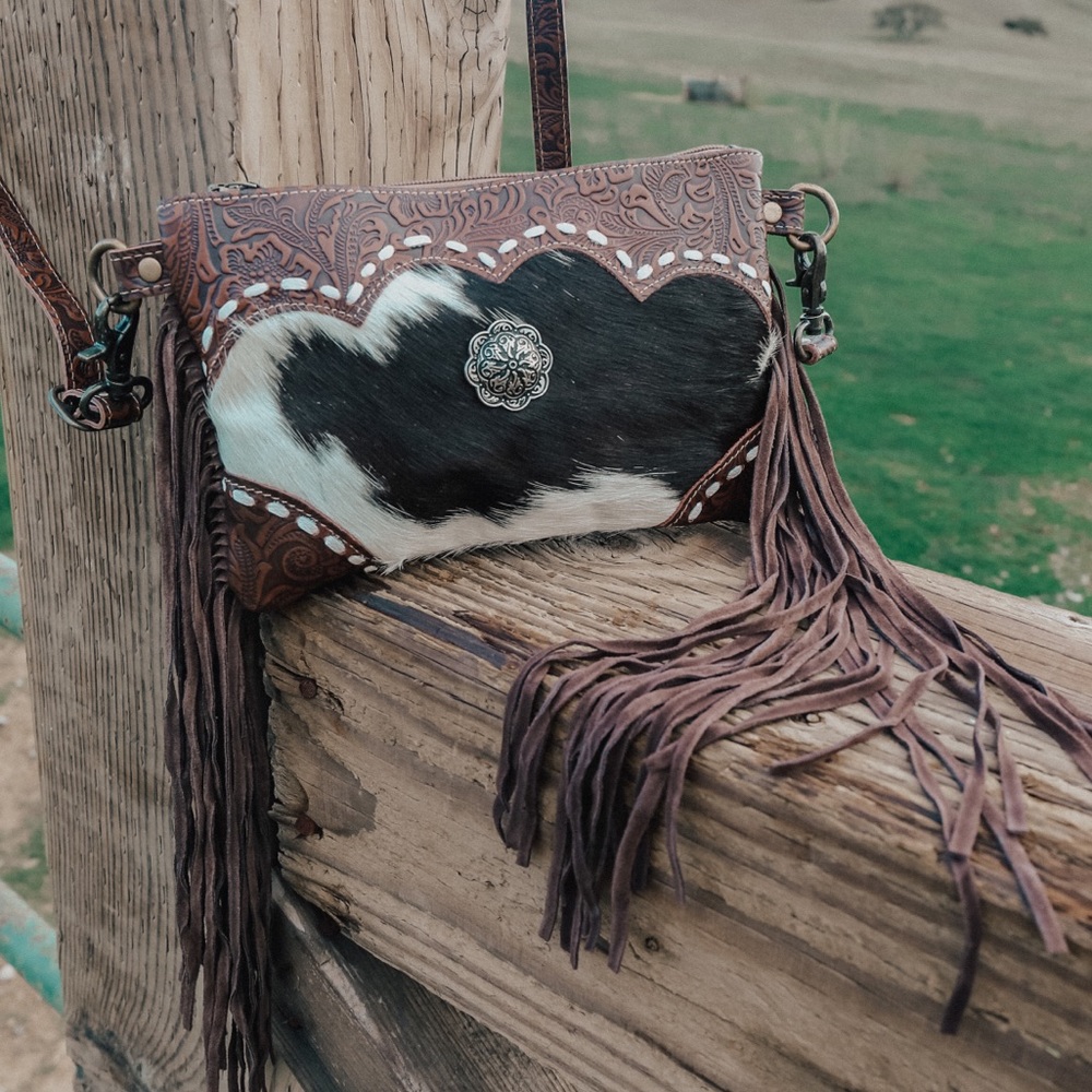 Embossed Leather and Cowhide Concho Fringe Crossbody Western Purse